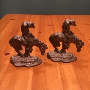 ANTIQUE NATIVE AMERICAN BRONZED CAST IRON BOOKENDS VINTAGE END OF THE TR…